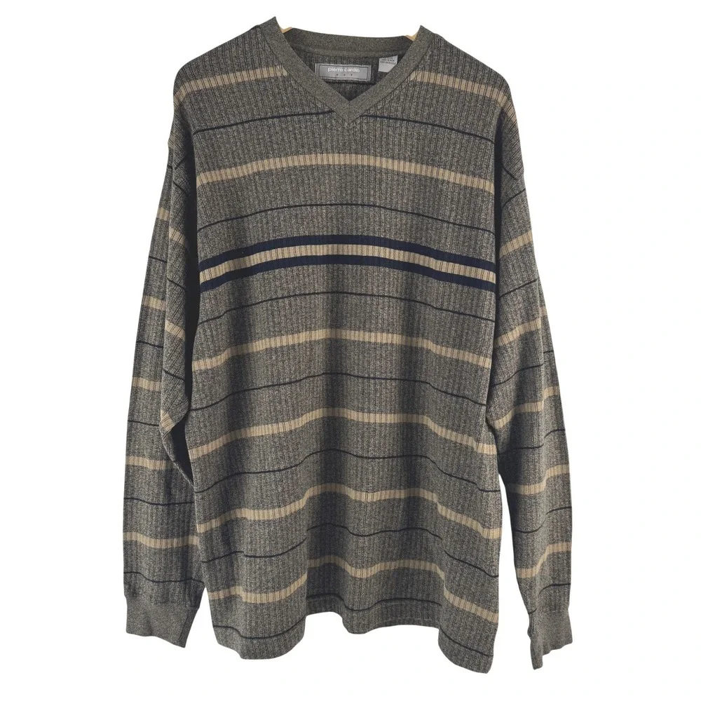 Pierre Cardin Mens‎ XL Brown Striped V-Neck 100% Cotton Ribbed Knit Sweater